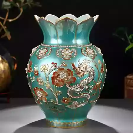 Unique vase with blue glaze and floral motif